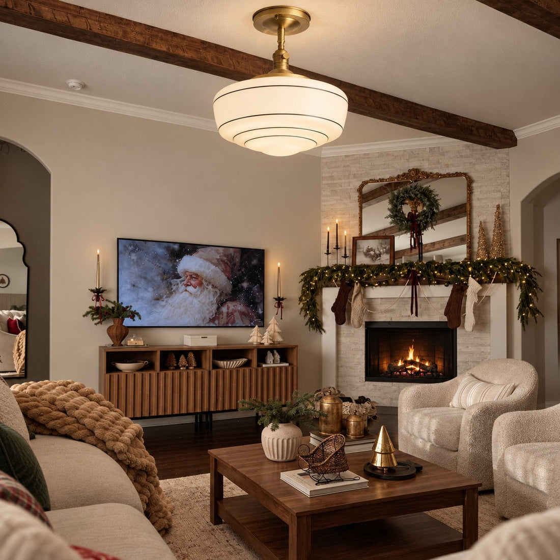 Ceiling lamp styled in a living room with a fireplace