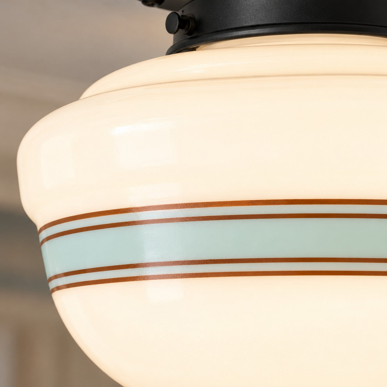 Opelina milk glass schoolhouse shade with teal stripe