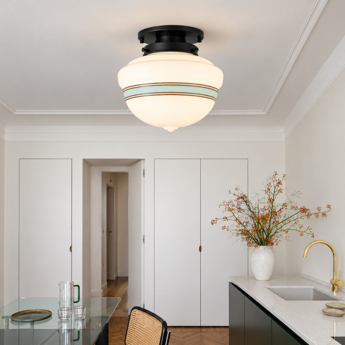 Opelina black schoolhouse ceiling light styled in a kitchen