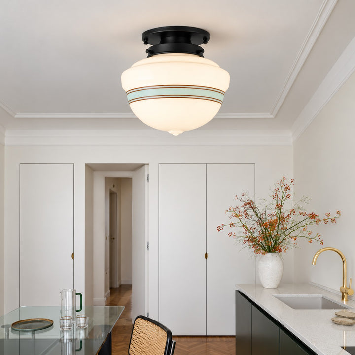 Opelina black schoolhouse ceiling light styled in a kitchen