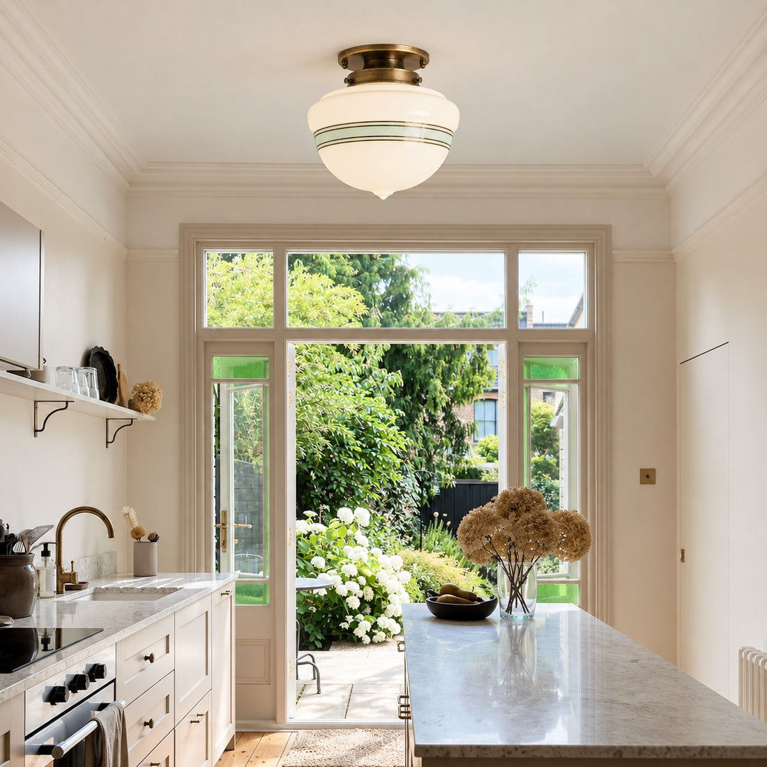 Opelina brass schoolhouse ceiling light styled in a kitchen