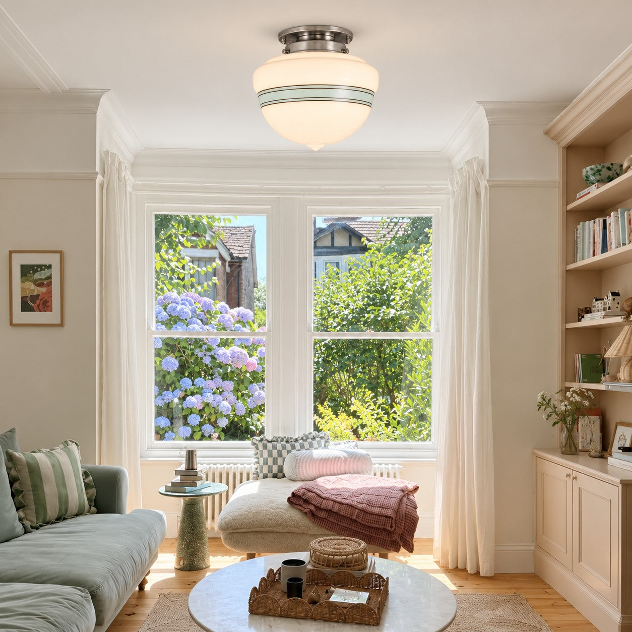 Opelina chrome schoolhouse ceiling light styled in a living room