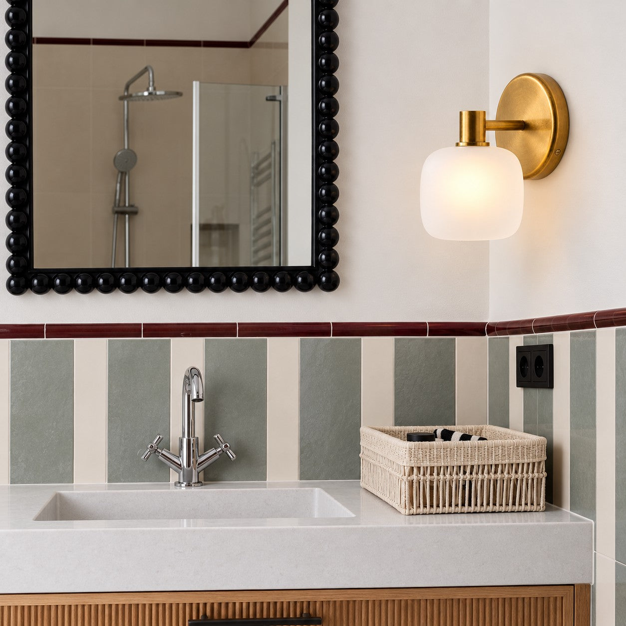 Opelina frosted glass wall sconces styled beside an oval bathroom mirror