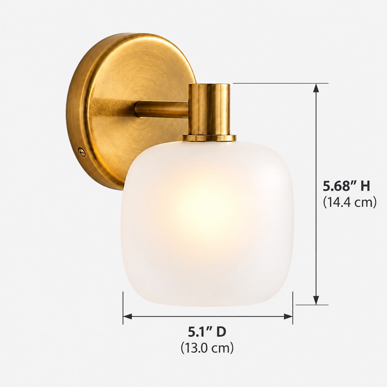 Opelina frosted glass wall sconce dimensions, 5.12 inch diameter by 5.68 inch height