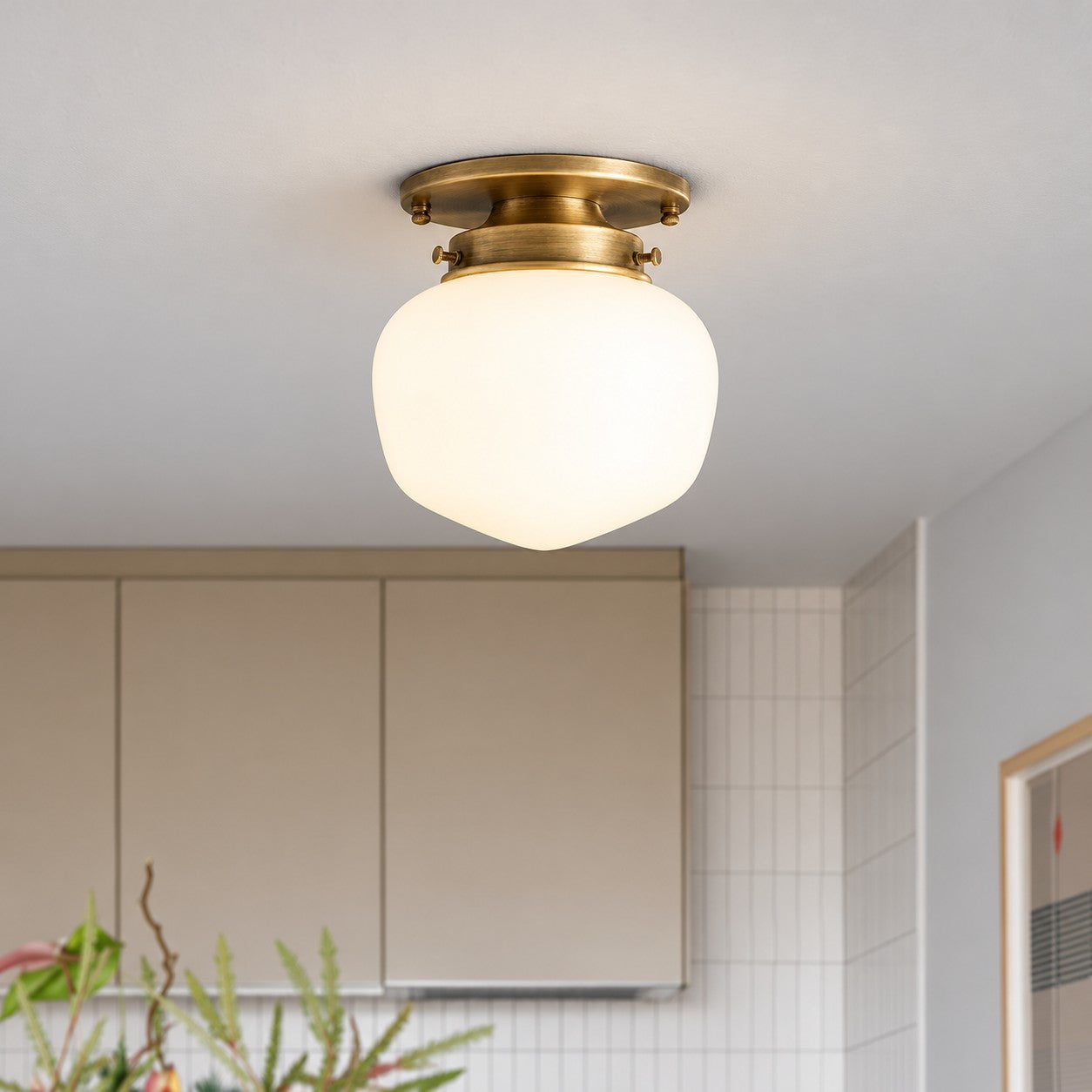 Opelina black opal glass flush mount styled in a kitchen