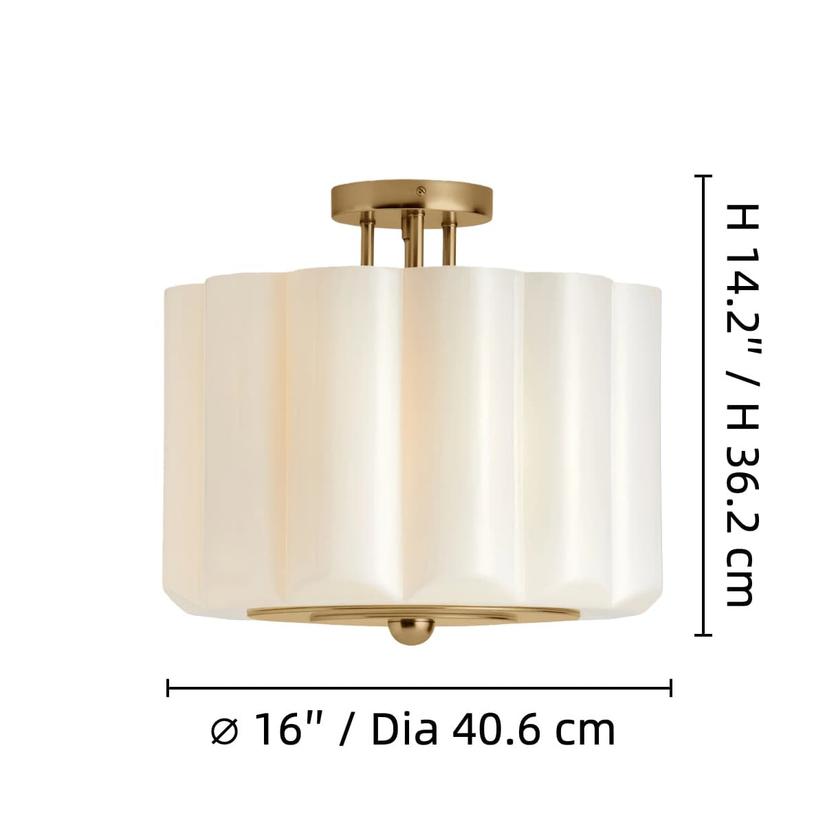 Opelina scalloped milk glass ceiling light dimensions, 16 inches diameter by 14.2 inches high