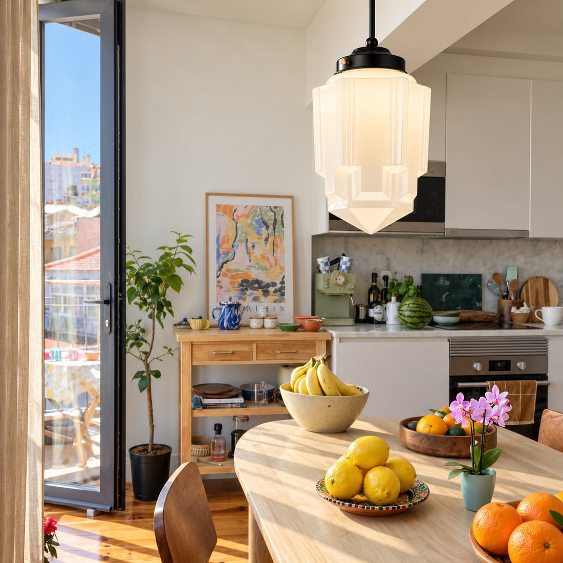 Opelina Model E milk glass pendant in a sunlit kitchen
