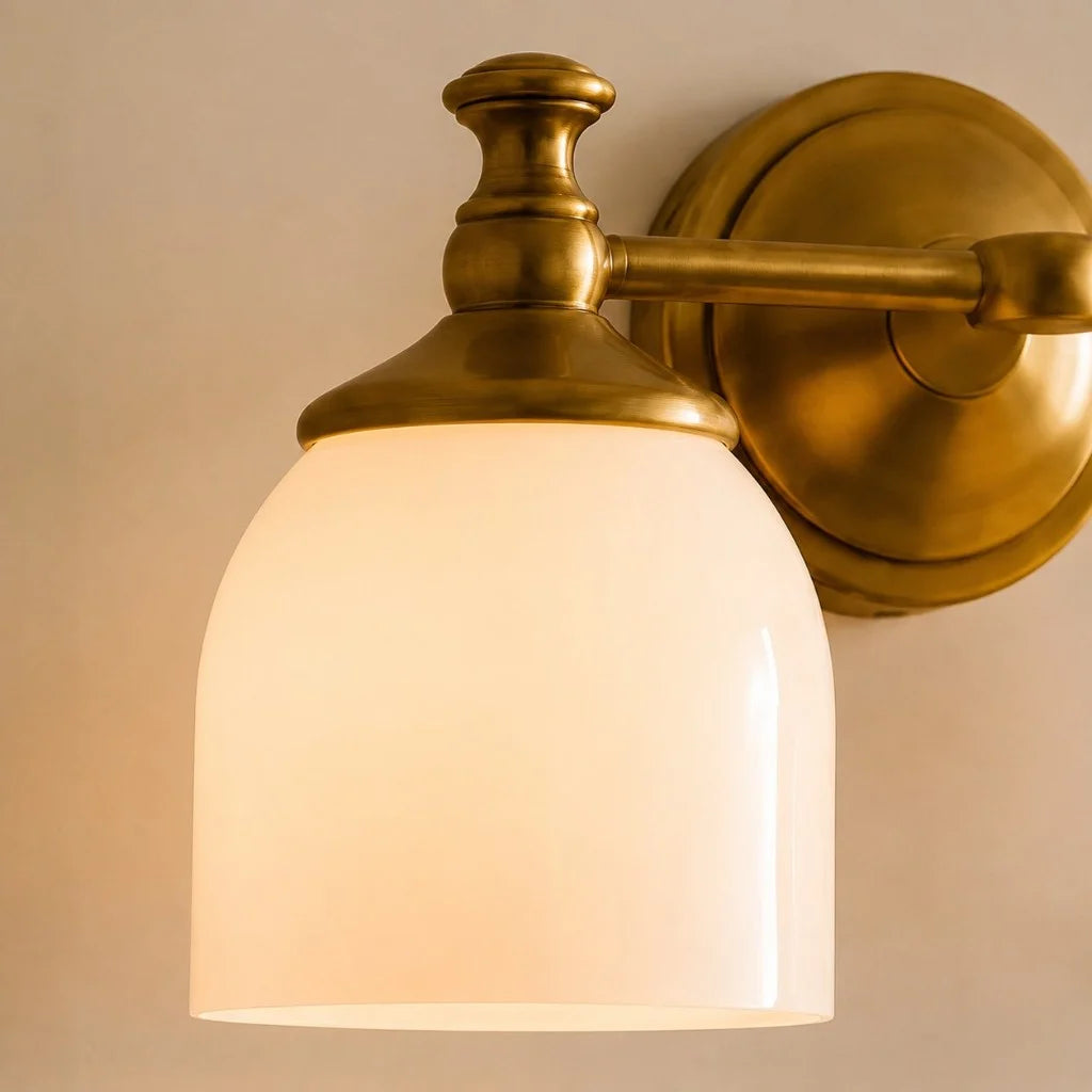 Opelina milk glass wall sconce lit shade close-up