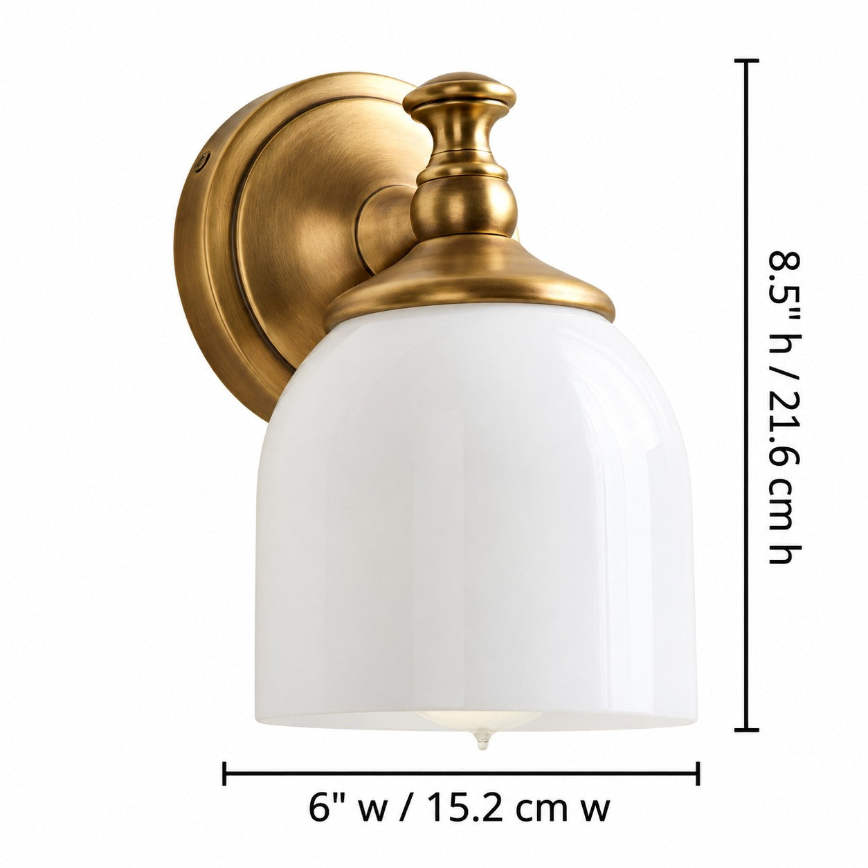 Opelina milk glass wall sconce 1-head dimensions, 6 inches wide by 8.5 inches high