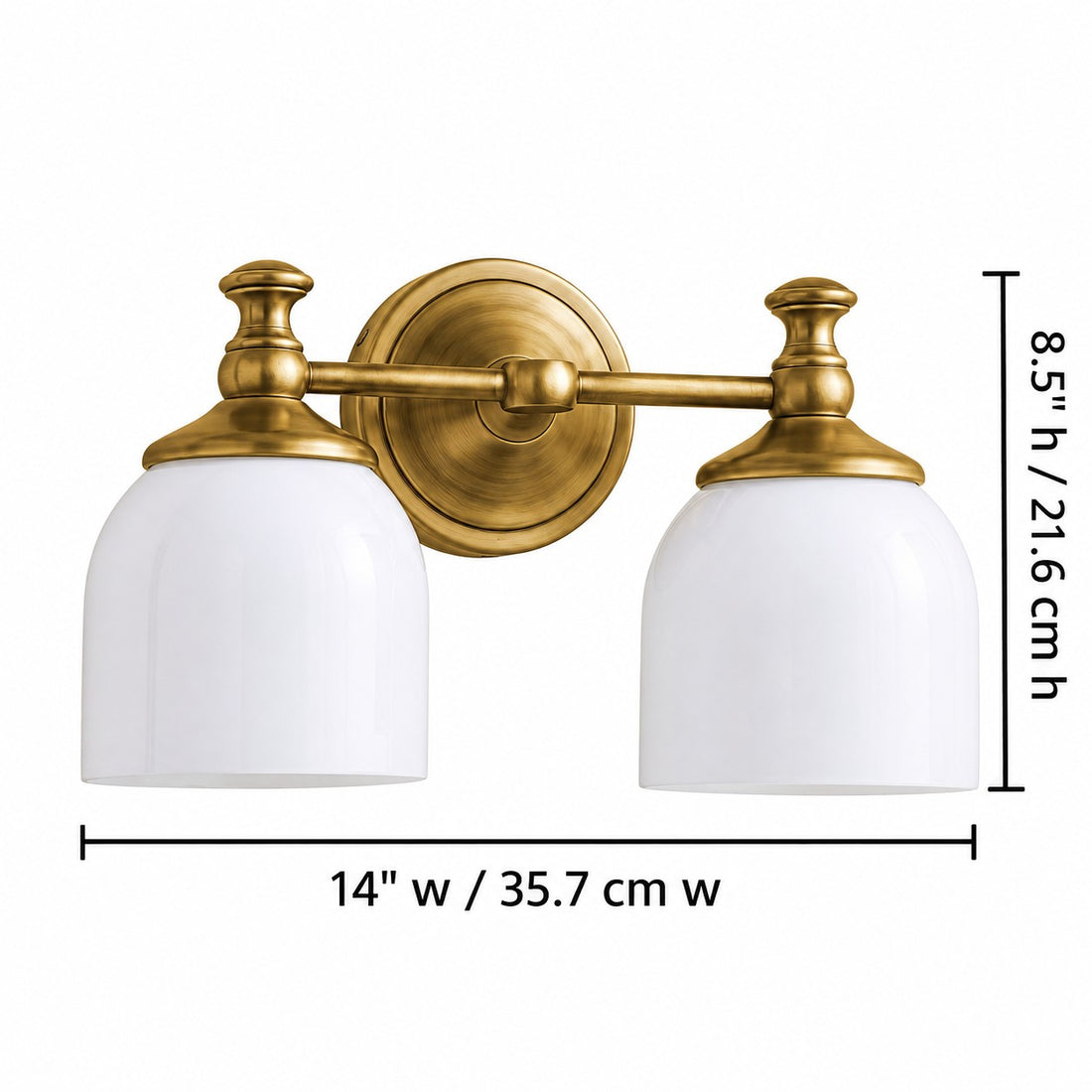 Opelina milk glass wall sconce 2-head dimensions, 14 inches wide by 8.5 inches high