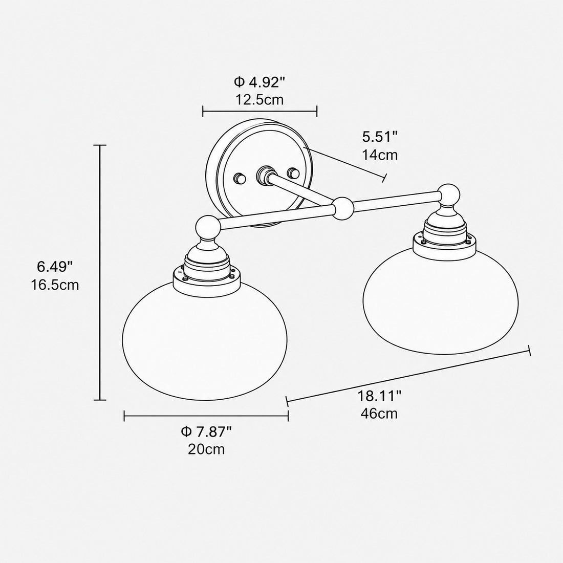 Opelina milk glass wall sconce 2-head dimensions, 18.11 inches wide by 6.49 inches high