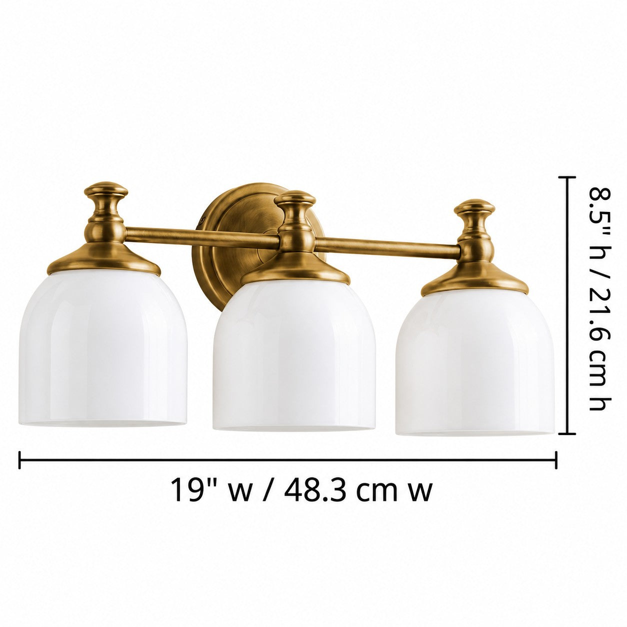 Opelina milk glass wall sconce 3-head dimensions, 19 inches wide by 8.5 inches high