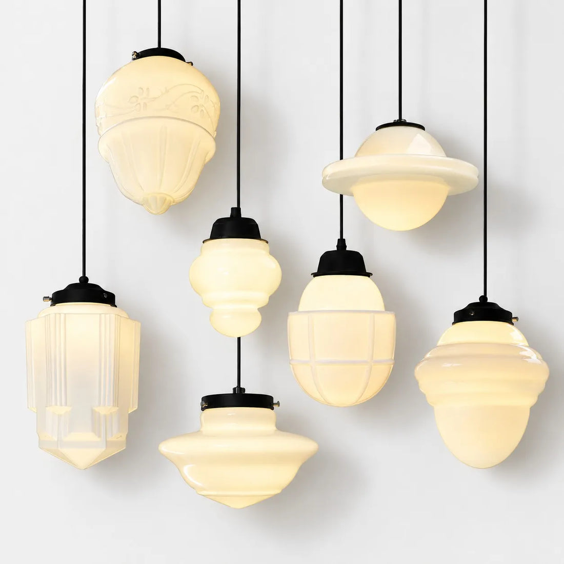 Opelina milk glass pendant, seven shade styles