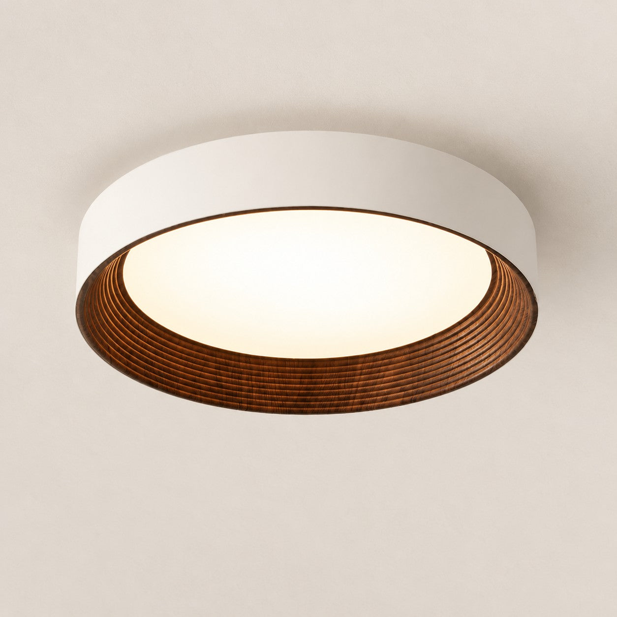Black walnut round ceiling light with layered wood rings