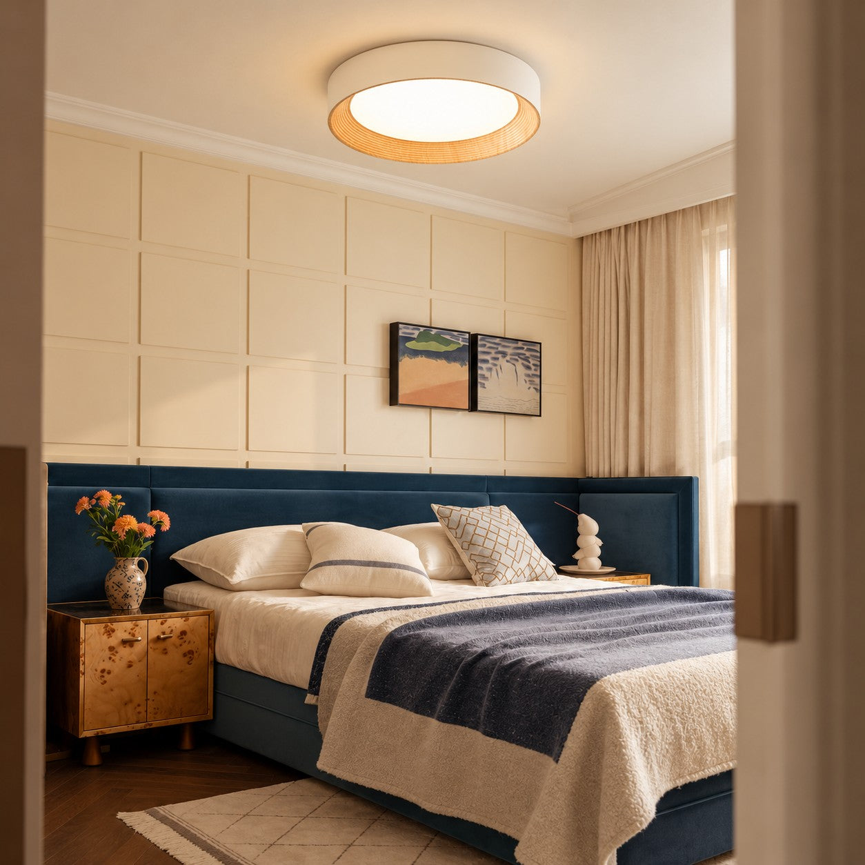 Ceiling light styled in a bedroom seen from the doorway