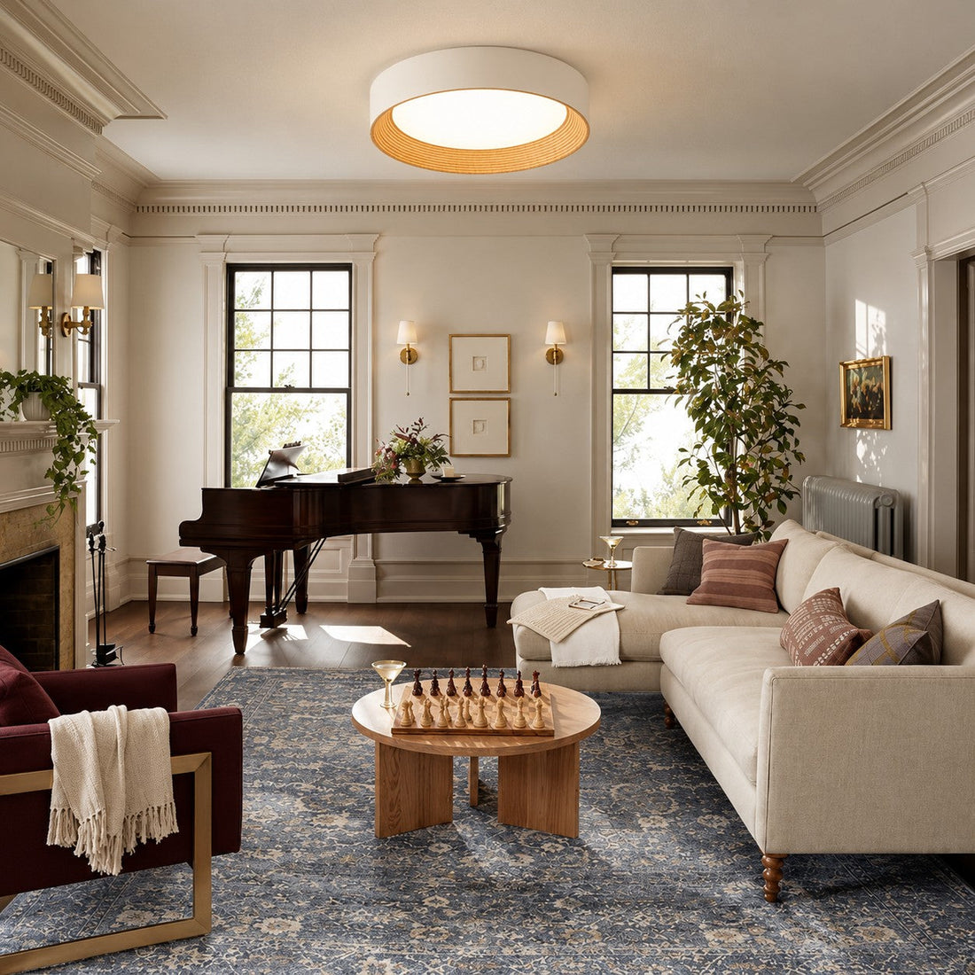 Ceiling light styled in a living room with a piano