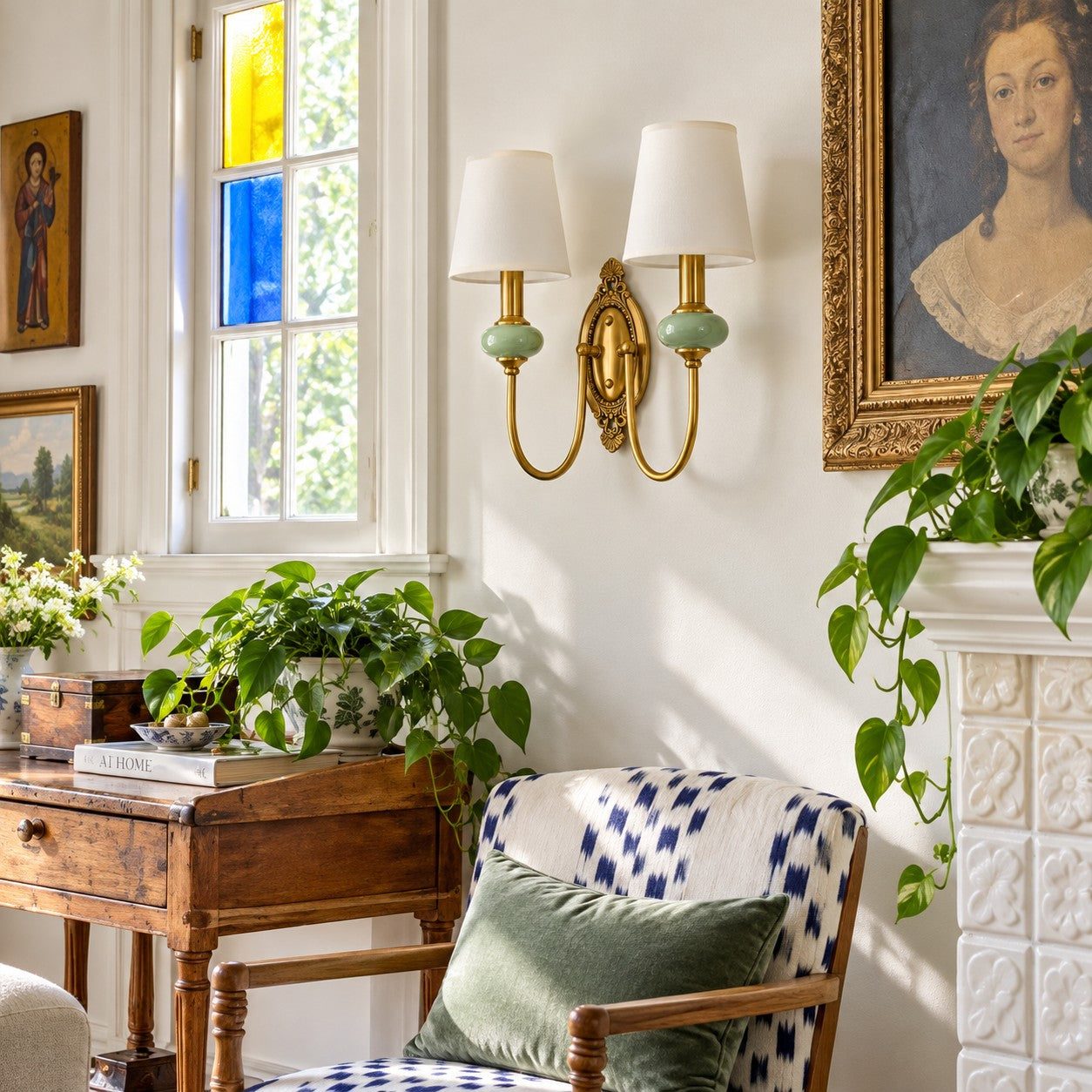 Rowanea green one-head wall sconce styled in a bedroom
