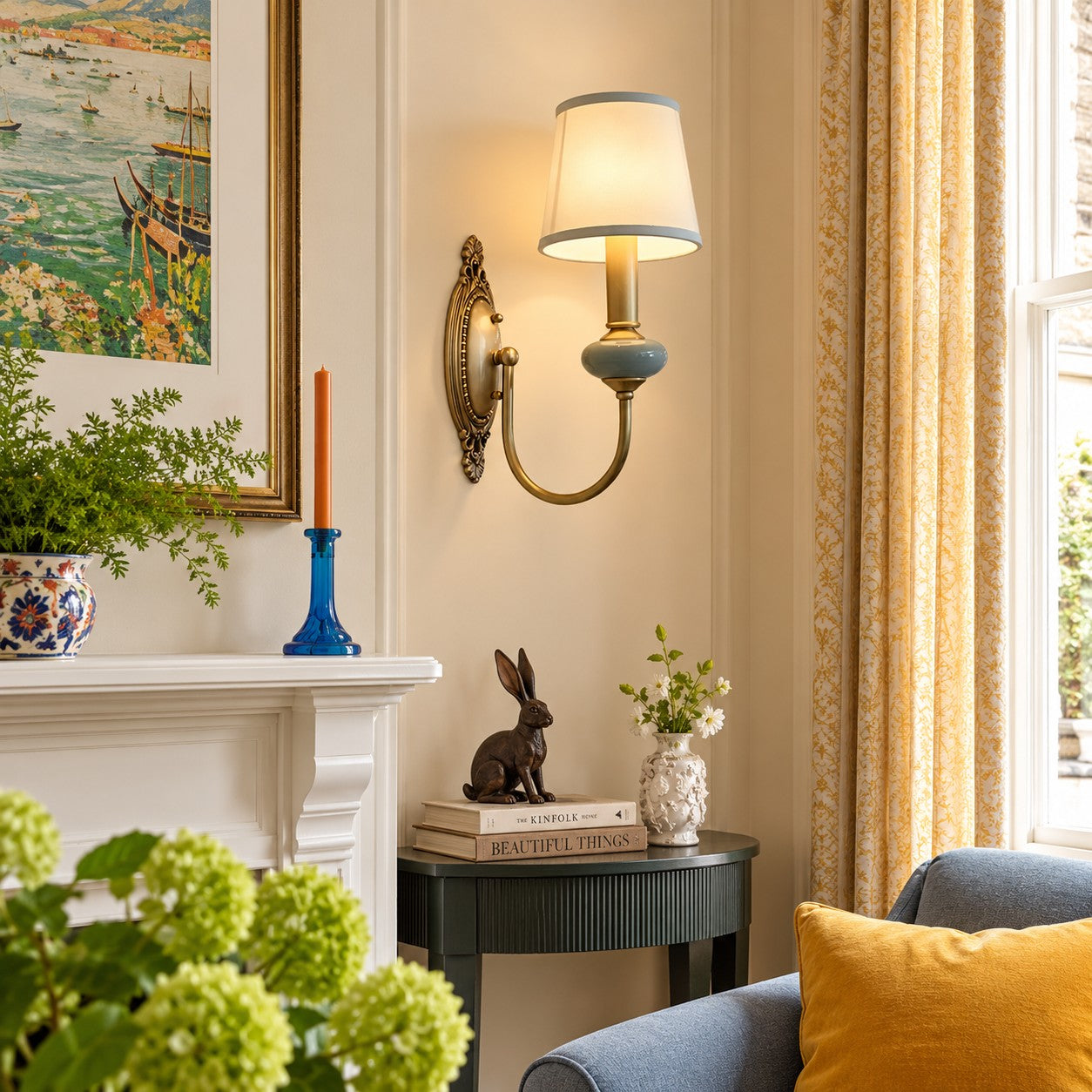 Rowanea green one-head wall sconce styled in a kitchen