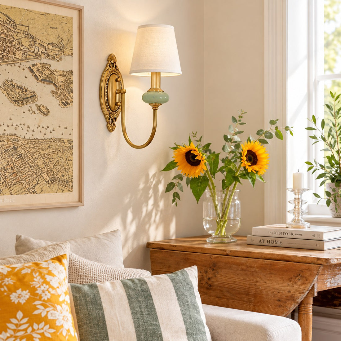 Rowanea green one-head wall sconce styled in a living room