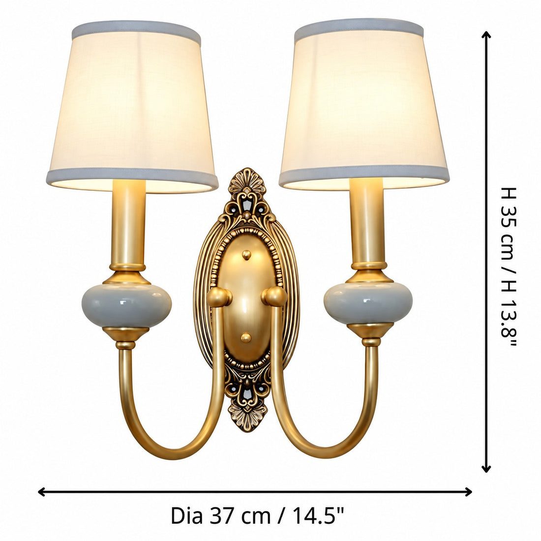 Rowanea blue 2-head wall sconce dimensions, 37 cm diameter by 35 cm high