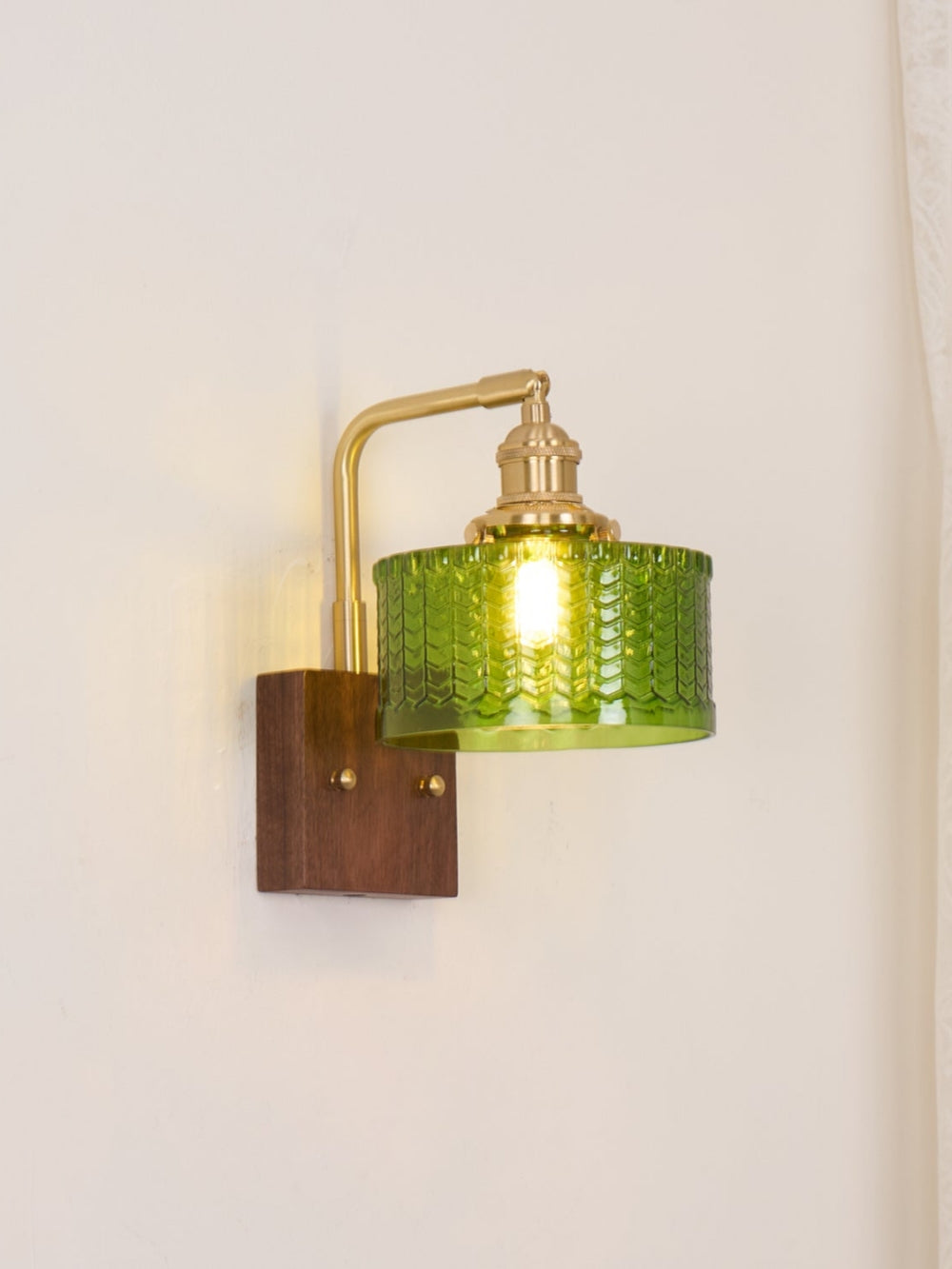 Vintage Ripple Glass Wooden Base Wall Sconce Bedside Lamp with Plug