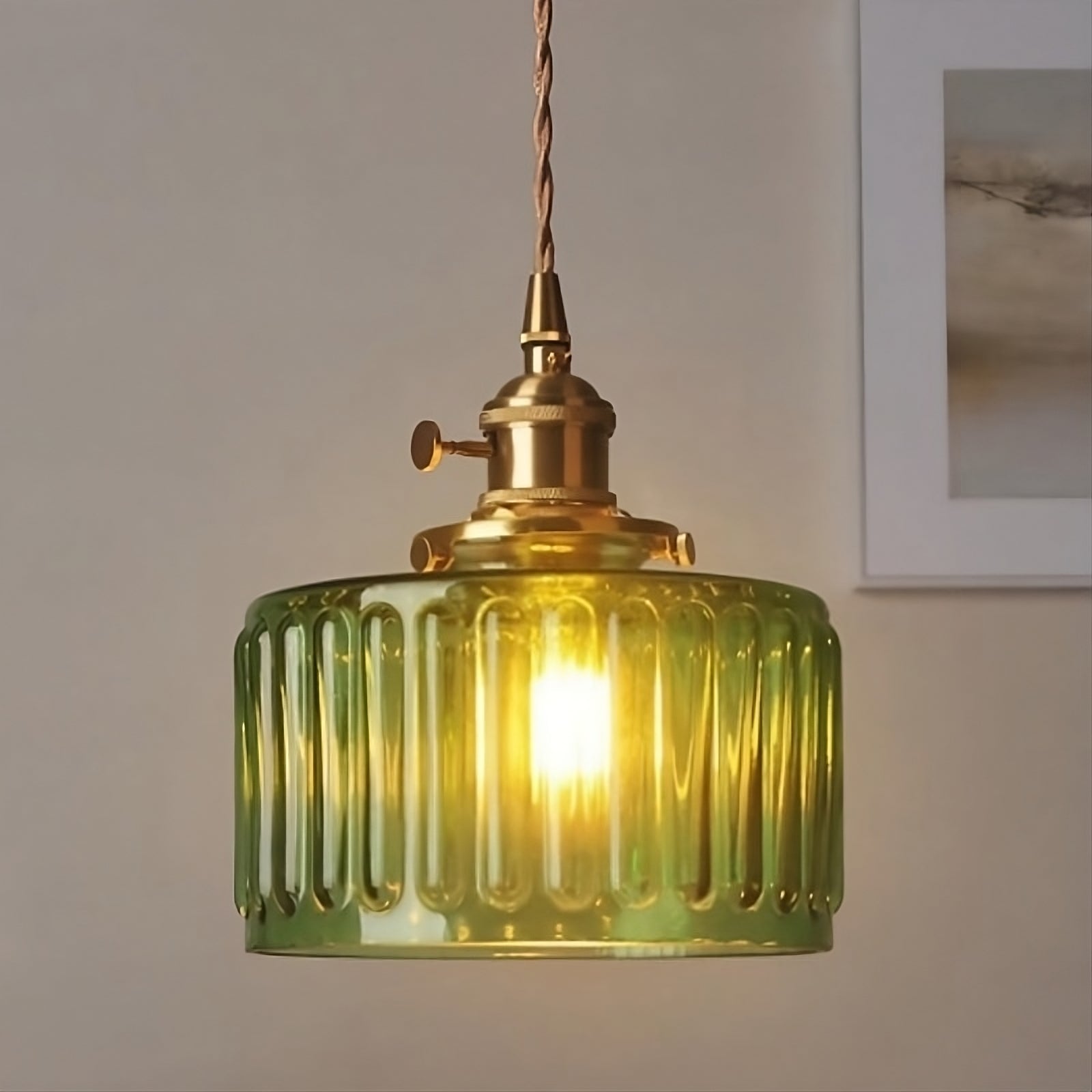 Vintage Wavy Green Glass Pendant Light – Cylinder Shade Hanging Lamp