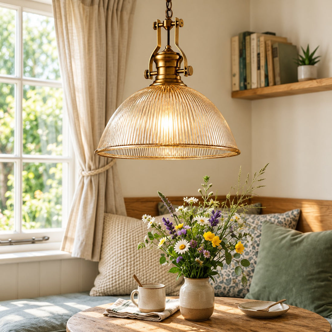 Vitrona pendant styled in a window nook with books