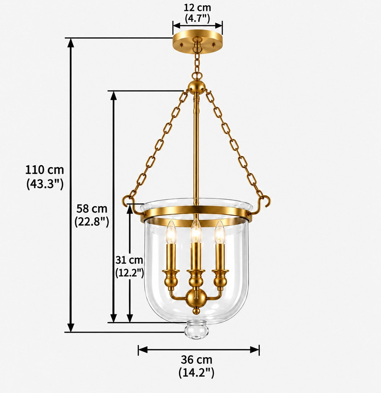 Vitrona clear glass bell jar pendant dimensions, hanging length 110 cm, width 36 cm, height 58 cm