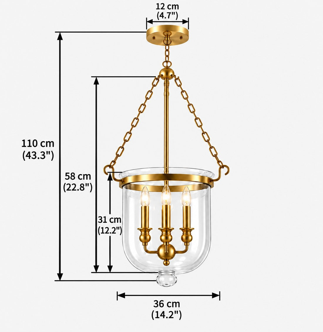 Vitrona clear glass bell jar pendant dimensions, hanging length 110 cm, width 36 cm, height 58 cm