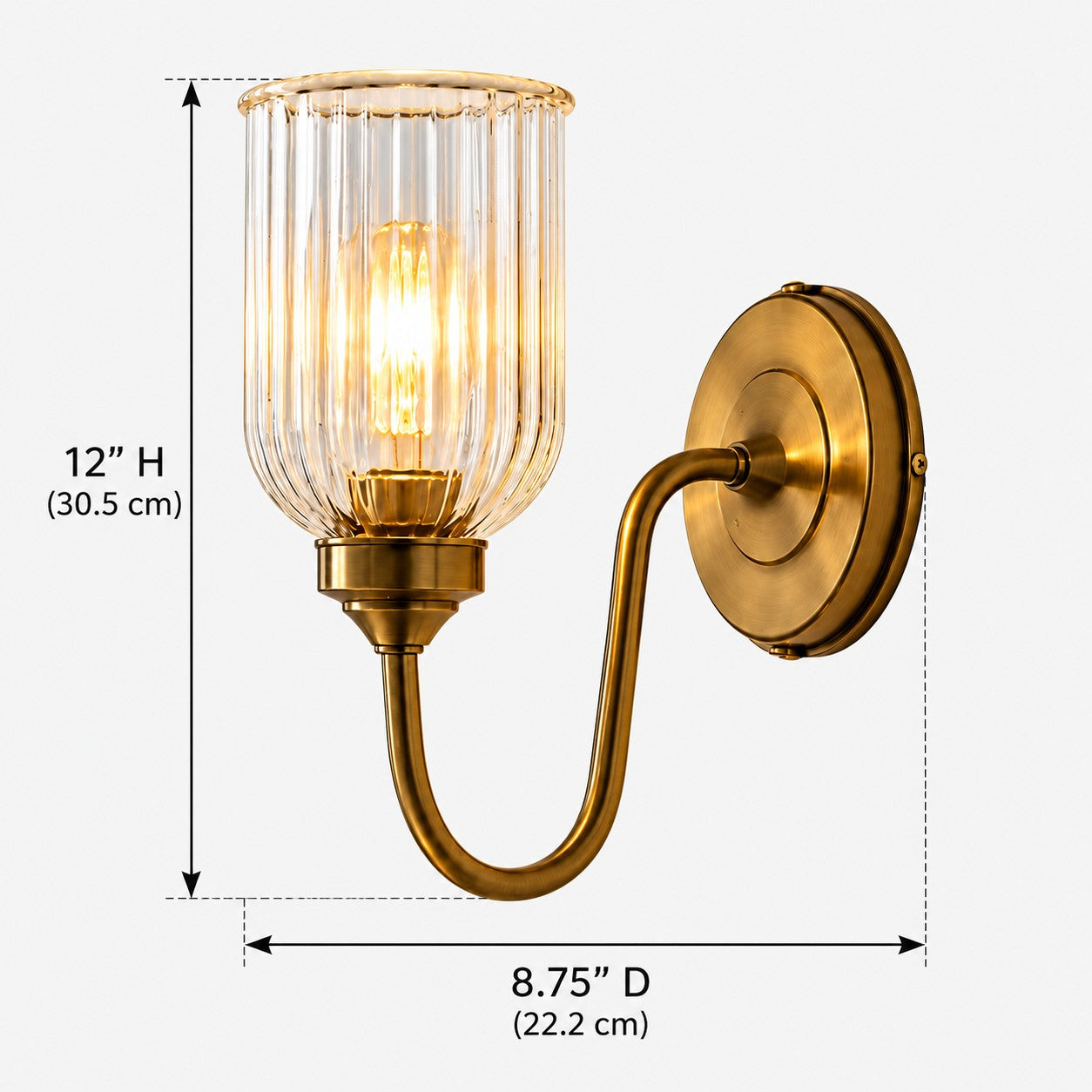 Vitrona ribbed glass wall sconce dimensions, 5.25 inches wide by 8.75 inches deep by 12 inches high